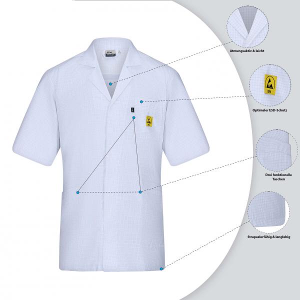 The image shows a white coat with short sleeves. It has a round neckline and a small pocket. Next to the coat, features such as breathability and skin-friendly materials are described.