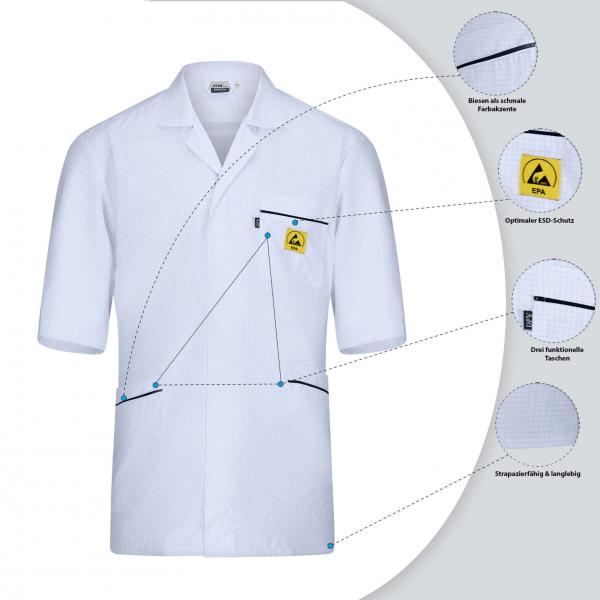The image displays a white, short-sleeved shirt with a yellow logo on the chest pocket. Lines highlight special features such as ease of care and breathable materials.