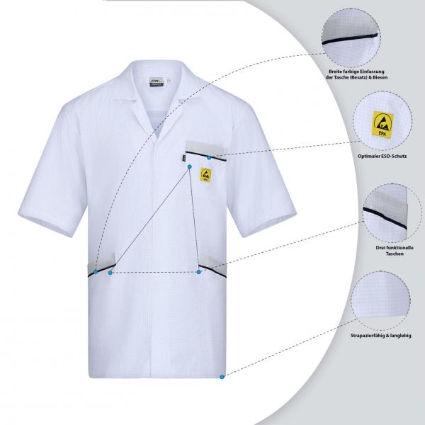The image shows a white polo shirt with a short collar and chest pocket. Dots are marked to highlight special features such as breathable materials and a secure fit.