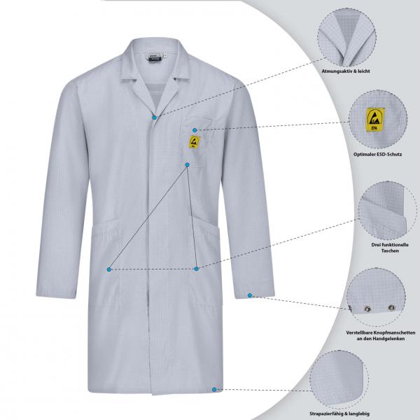 The image shows a gray lab coat with long sleeves. It has pockets, a lapel collar, and a warning label. Next to the coat, details about materials and functions are displayed.