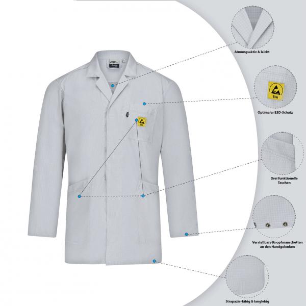 The image shows a white lab coat with long sleeves. It features a chest pocket and a yellow warning symbol. Details about breathability and material are listed next to it.