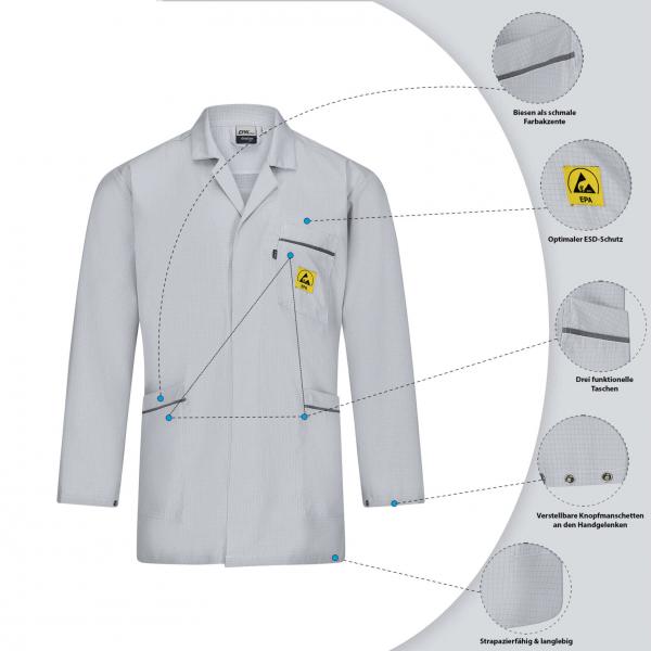The image shows a white lab coat with a yellow hazard warning symbol. It has long sleeves, a chest pocket, and special details for safety and functionality.