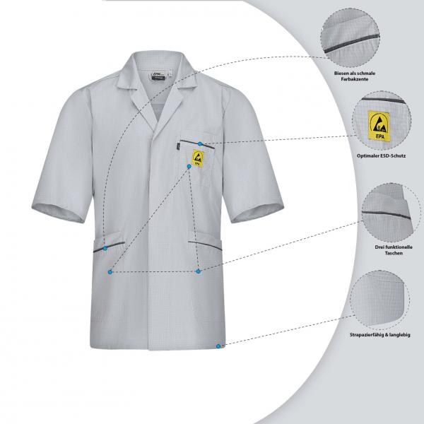 The image displays a short-sleeved gray coat. It features a chest pocket with a yellow logo and two side entry pockets. Details about the material and properties are arranged around the coat.