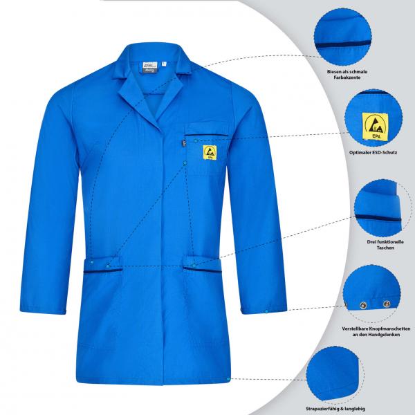 The image shows a blue work coat with long sleeves. It has a collar, a chest pocket with a logo, and two patch pockets. The labels describe materials and properties.