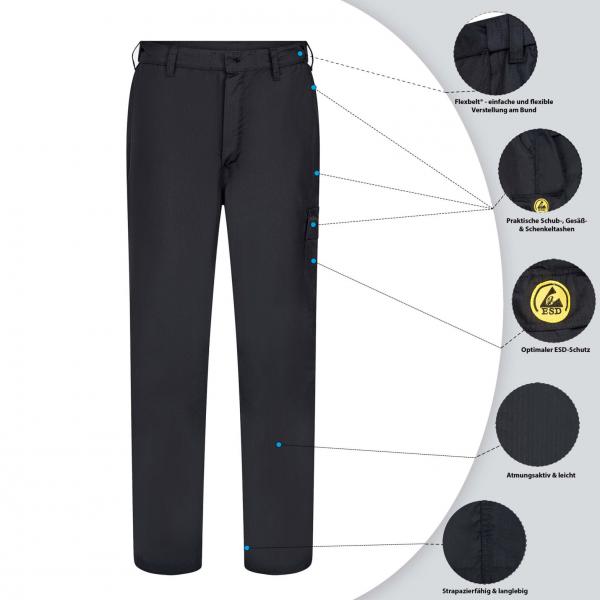 The image shows a black pair of pants with various details. There are pockets and indications of waterproof and breathable features. The pants are suitable for outdoor activities.