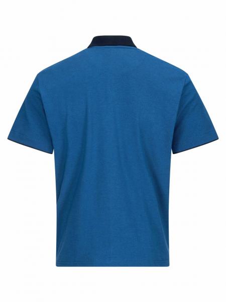 The image displays the back of a short-sleeved, blue polo shirt with a black collar. The surface is smooth and solid-colored. The shirt has a loose fit.