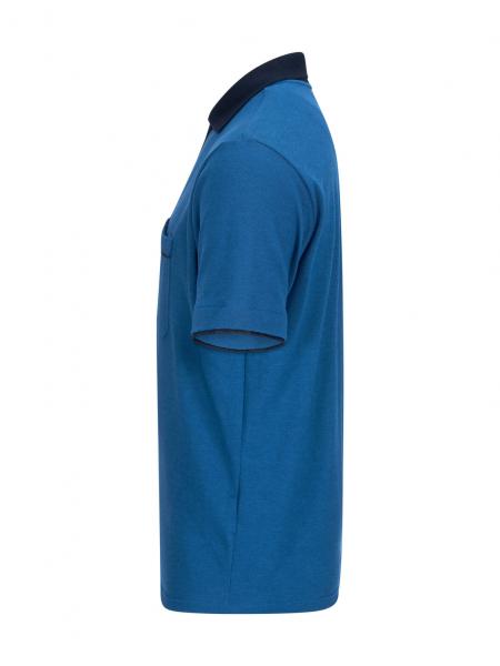 The image shows a short-sleeved polo shirt in bright blue. The collar is black, and the shirt has a simple, plain design without any special embellishments.