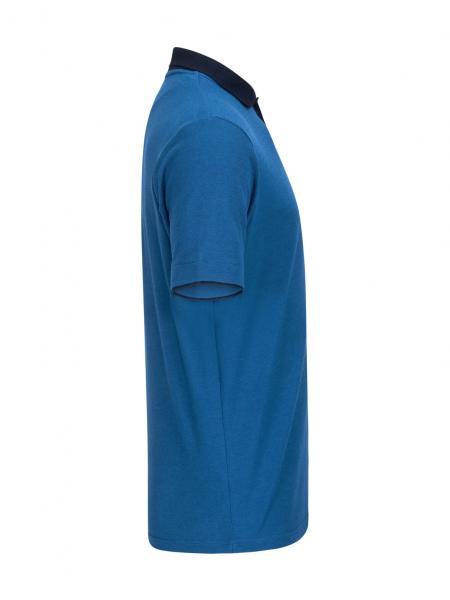 The image displays a solid blue T-shirt with short sleeves. The collar is black, and the texture is smooth. It is photographed from the side, so the shape of the shirt is clearly visible.