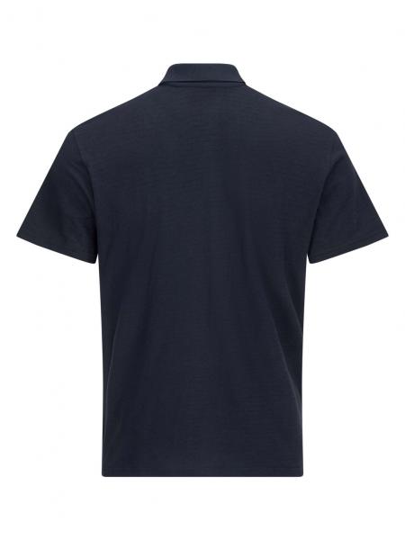 The image shows a simple, dark blue polo shirt from the back. It has short sleeves and a small collar. The fabric appears smooth and soft.