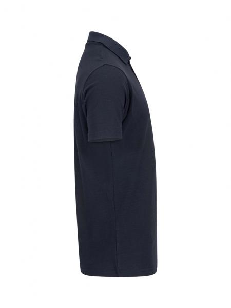 The image displays a black polo shirt with short sleeves. It features a classic collar and is viewed from the side, which clearly shows its simple shape.