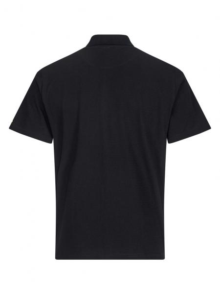 The image shows a simple, black polo shirt from the back. It has short sleeves and a classic collar, with no printed designs or embellishments.