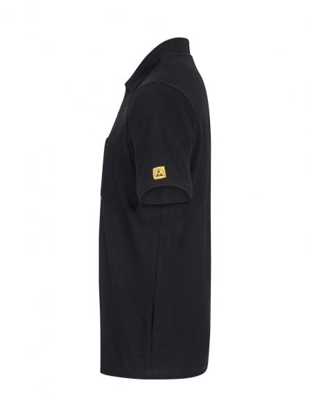The image shows a black polo shirt from a side view. It has short sleeves and a small yellow logo on the left sleeve. The fabric appears smooth and formal.
