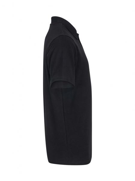 The image displays a black polo shirt in profile. It features short sleeves, a collar, and a straight fit. The fabric appears soft and comfortable. The surface is uniform without any patterns.