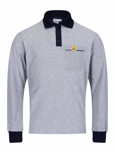The image shows a gray long-sleeve polo shirt with a black collar. It features a small chest pocket and a yellow logo on the left side. The sleeve ends are also black.