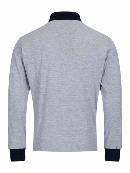 The image displays a gray long-sleeve cotton shirt. It features a dark collar and dark blue cuffs on the sleeves. The back is plain and without any pattern.