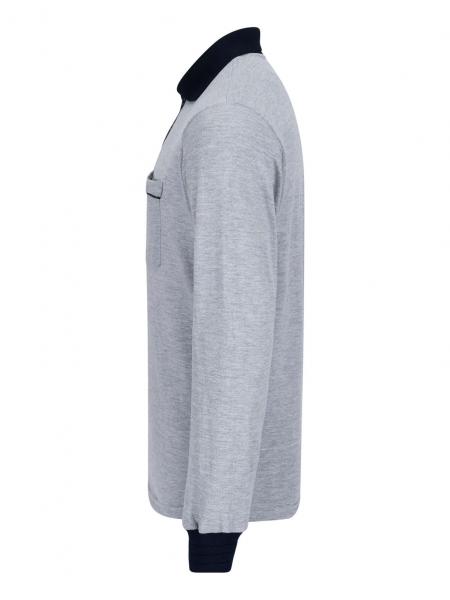 The image shows a gray long-sleeve shirt. It has a dark collar and a small chest pocket area. The sleeves are slim and the fit is classic.