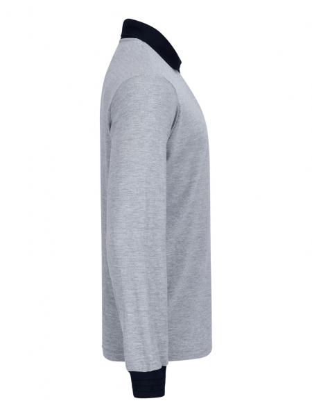 The image shows a gray long-sleeve shirt. It has a black collar and the sleeves are also black. The material appears soft and the cut is casual.