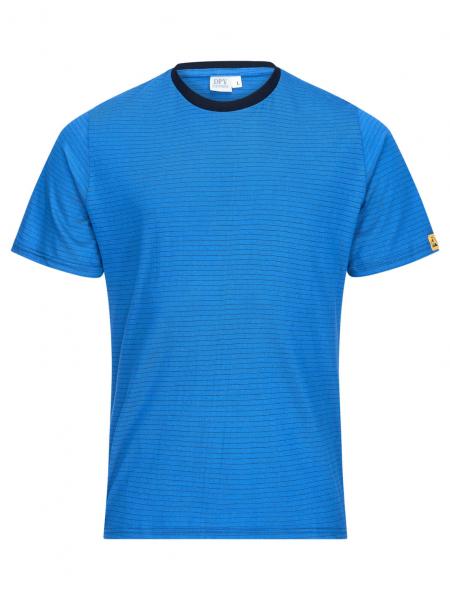 The image shows a short-sleeved, bright blue T-shirt with fine horizontal stripes. The collar is black and simple. It looks modern and sporty.