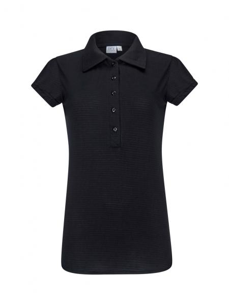 The image shows a black polo shirt with short sleeves and a classic collar. It features a full-length button placket at the front. The material appears light and textured.