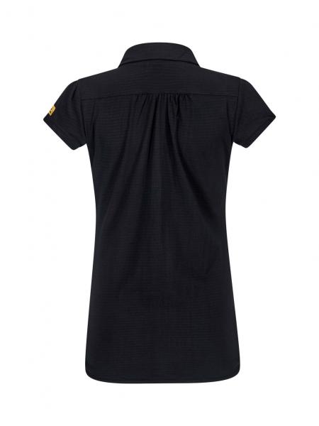 The image shows a black polo shirt with a collar and short sleeves. There is a small yellow logo on the left shoulder. The back of the shirt has a slightly curved seam.