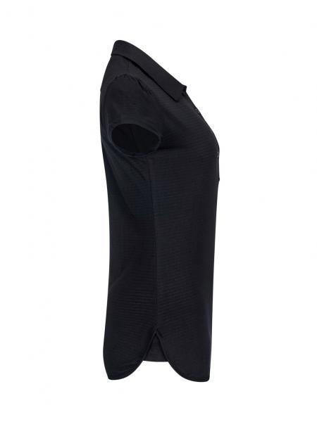 The image shows a black polo shirt from the side view. It has short sleeves, a small collar, and a straight fit with a slightly rounded hem.