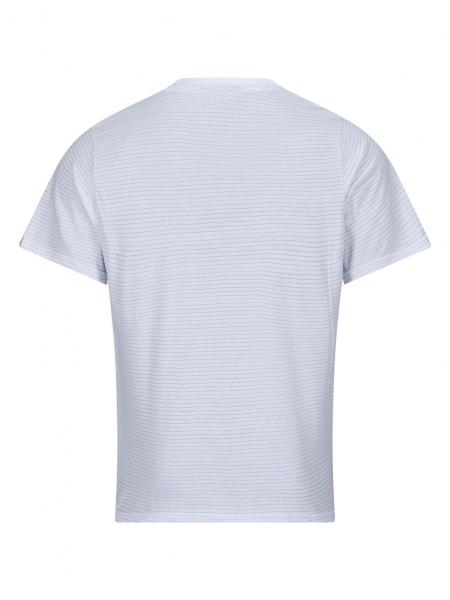 The image displays the back of a T-shirt. It features a light, striped fabric in blue and white hues and has short sleeves. The design is simple and modern.