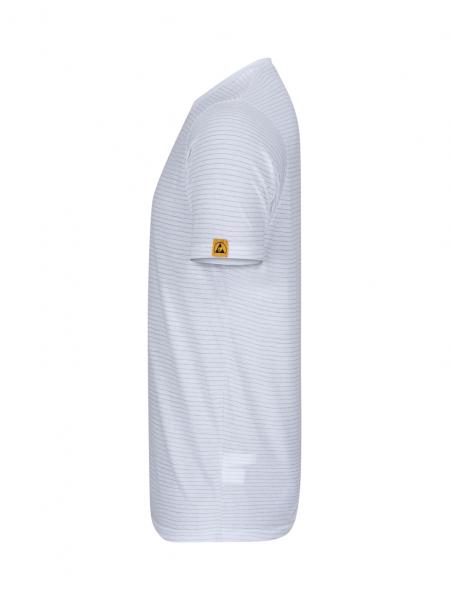 The picture shows a white T-shirt in side view. It has a simple design with fine horizontal stripes and a yellow logo on the left sleeve.