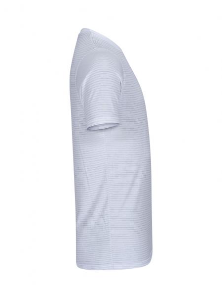The image shows a light blue T-shirt made of soft fabric. It has short sleeves and a classic cut. The surface is textured with fine, horizontal stripes.
