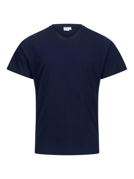 The image displays a simple, short-sleeved T-shirt in dark blue. It features a V-neck and is symmetrical with straight, narrow sleeves and a straight hem.