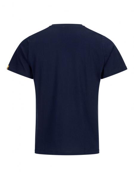 The image displays a simple, short-sleeved T-shirt in dark blue. It features a round neckline and a straight fit. The cut is plain with no additional embellishments.