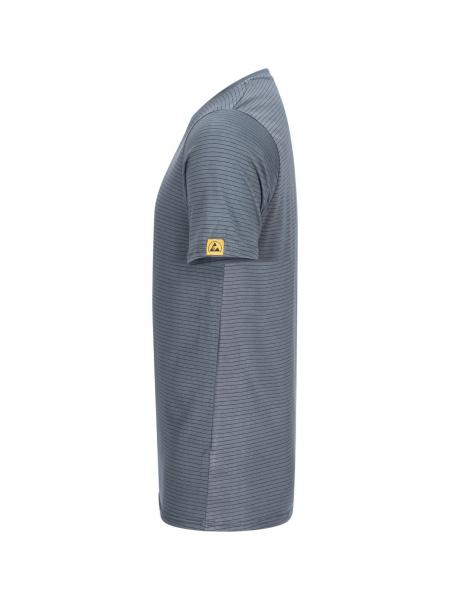The image shows a gray T-shirt made from a slightly textured fabric. It has short sleeves and a simple, straight shape. A yellow logo is located on the left sleeve.