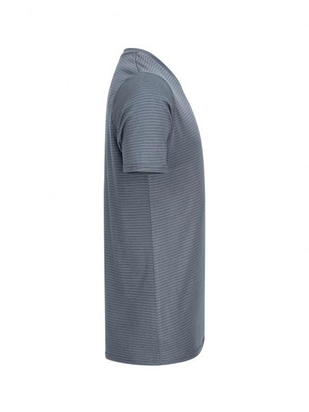 The image shows a gray T-shirt with short sleeves and a simple, straight cut. It has fine, horizontal stripes and is taken from the side.
