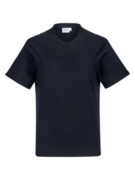 Das Bild zeigt ein schwarzes T-Shirt mit einem V-Ausschnitt und kurzen Ärmeln. Es hat eine schlichte, gerade Form und eine textile Struktur. Das Design ist einfach und zeitlos.