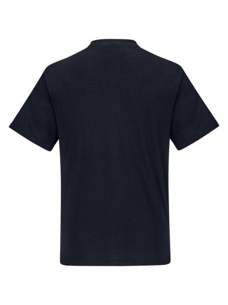 Das Bild zeigt ein schlichtes, schwarzes T-Shirt von hinten. Es hat kurze Ärmel, einen runden Halsausschnitt und eine gerade Form ohne besondere Verzierungen.