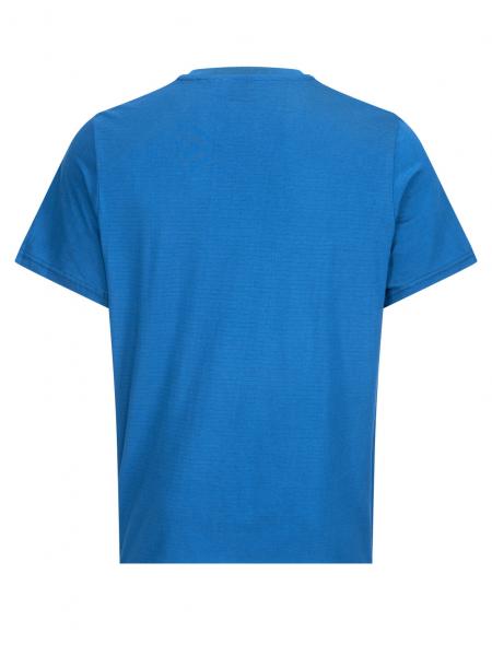 The image shows a simple, solid-colored t-shirt in a bold shade of blue. It has short sleeves and a round neckline. The back is plain without any print.