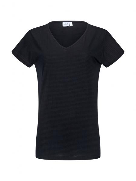 Das Bild zeigt ein schwarzes T-Shirt mit einem V-Ausschnitt und kurzen Ärmeln. Der Stoff wirkt weich und leicht, ideal für lässige Anlässe. Die Passform ist schmal und schlicht.