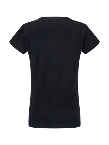 Das Bild zeigt ein schwarzes T-Shirt aus der Rückansicht. Es hat kurze Ärmel und einen runden Halsausschnitt. Der Stoff wirkt weich und angenehm.