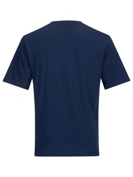 The image shows a simple, navy blue T-shirt with short sleeves. It is viewed from the back, without any print or pattern. The fabric appears soft and comfortable.