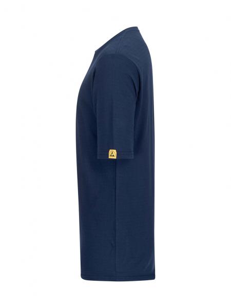 The image shows a dark blue T-shirt in a side view. It has short sleeves and a round neckline. There is a small yellow label on the left sleeve.