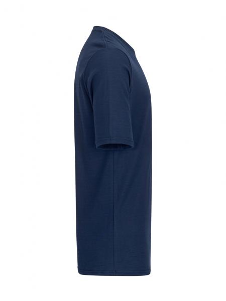The image shows a blue T-shirt from the side. It has short sleeves and a straight cut. The fabric appears smooth and is simply designed without major details.