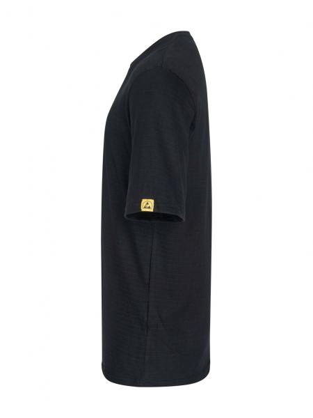 The image shows a black T-shirt from the side. It has short sleeves and a simple round neckline. There is a yellow label on the left sleeve.