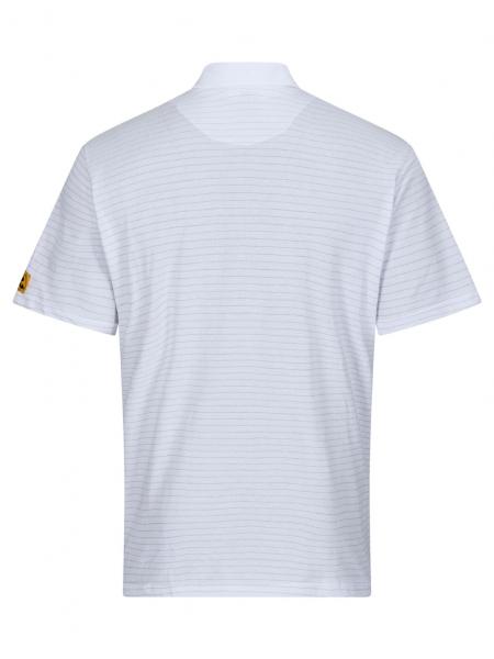 The image shows a light blue polo shirt with fine horizontal stripes. It has a typical collar and short sleeves. There is a small logo on the left sleeve side.