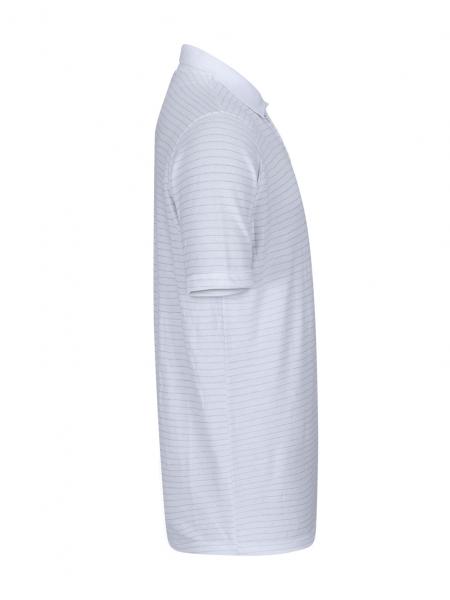 The image displays a light blue, short-sleeved shirt with fine horizontal stripes. It features a classic polo collar and a comfortable fit.