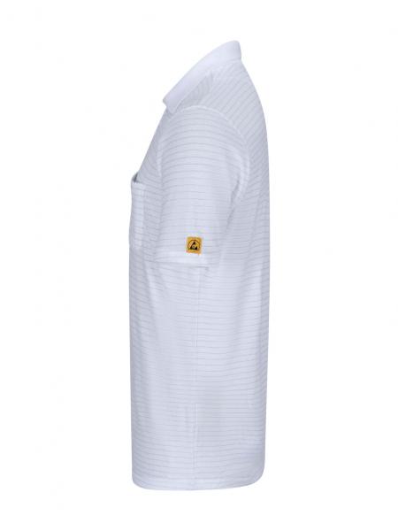 The image shows a white polo shirt made from a textured fabric. It features a classic collar and short sleeves. There is a yellow, square logo on one sleeve.