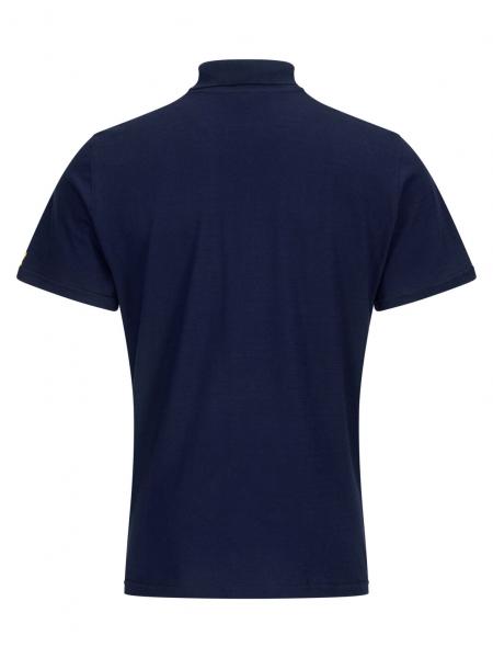 The image shows the back of a dark blue polo shirt. It has short sleeves and a high collar. The fabric appears smooth and is solid-colored without any patterns.