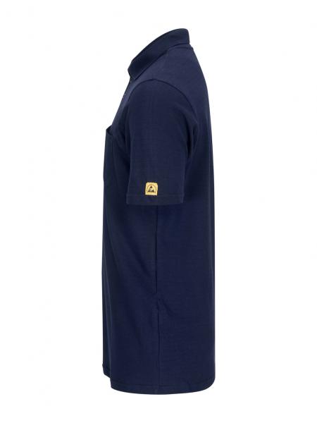The image shows a black cotton polo shirt. It has a short collar, short sleeves, and a small chest pocket. There is a yellow logo sewn on the left sleeve.