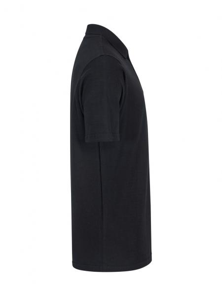 The image shows a black cotton T-shirt. It has short sleeves, a classic polo collar, and a straight cut. The texture appears simple and comfortable.