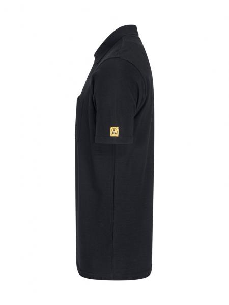 The image shows a black polo shirt in a side view. It has a collar and short sleeves. There is a yellow logo on one sleeve. The cut is straight and simple.