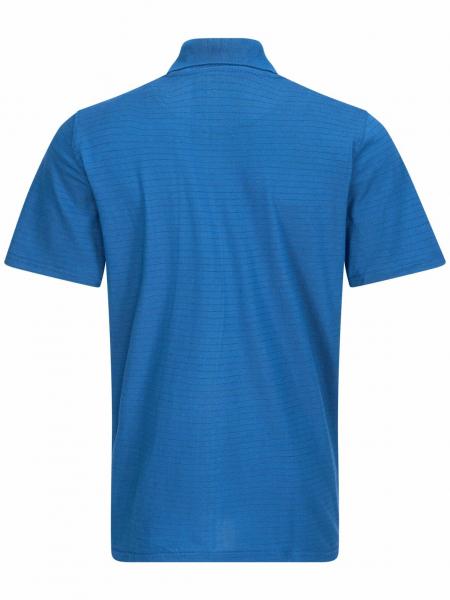 The image shows a short-sleeved, blue polo shirt. It has a classic collar and a textured surface with fine, vertical lines. The back is smooth and without a pattern.