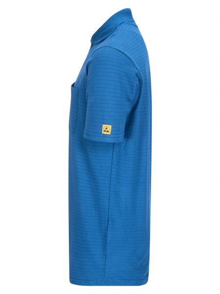 The image shows a blue polo shirt in profile. It has short sleeves, a classic collar, and a chest pocket. The surface is textured with fine stripes.